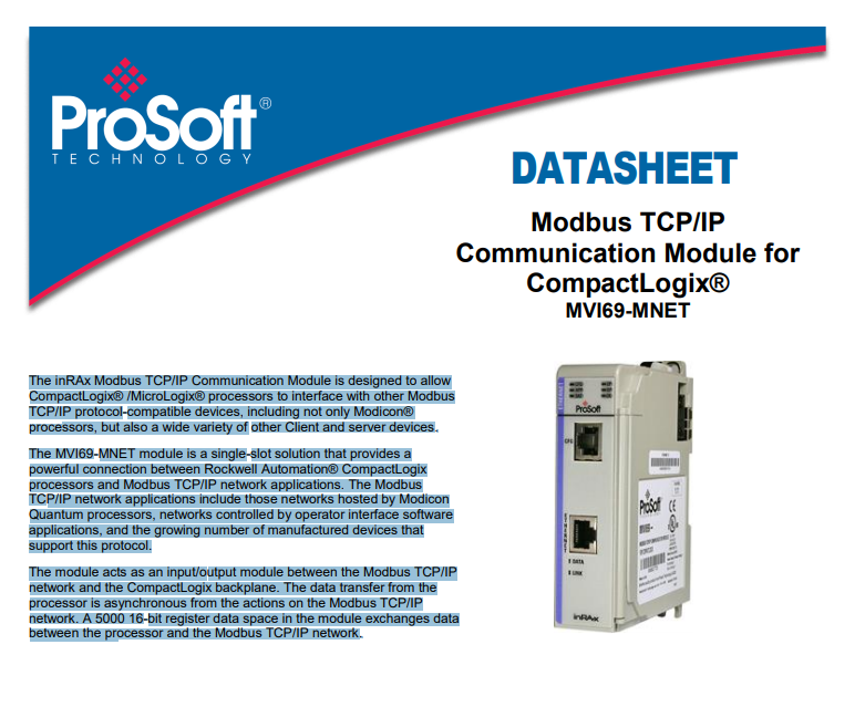 PROSOFT  MVI69-MNET Modbus TCP/IP Communication Module for CompactLogix