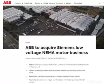 ABB completes acquisition of Siemens low voltage NEMA motor business